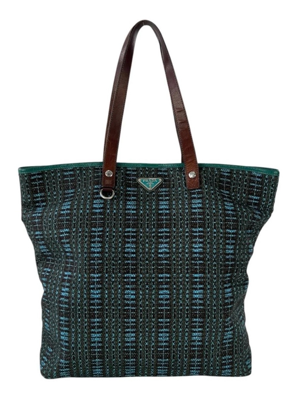 Prada Embroidered Blue & Black Tote Bag with Brown Leather Handles